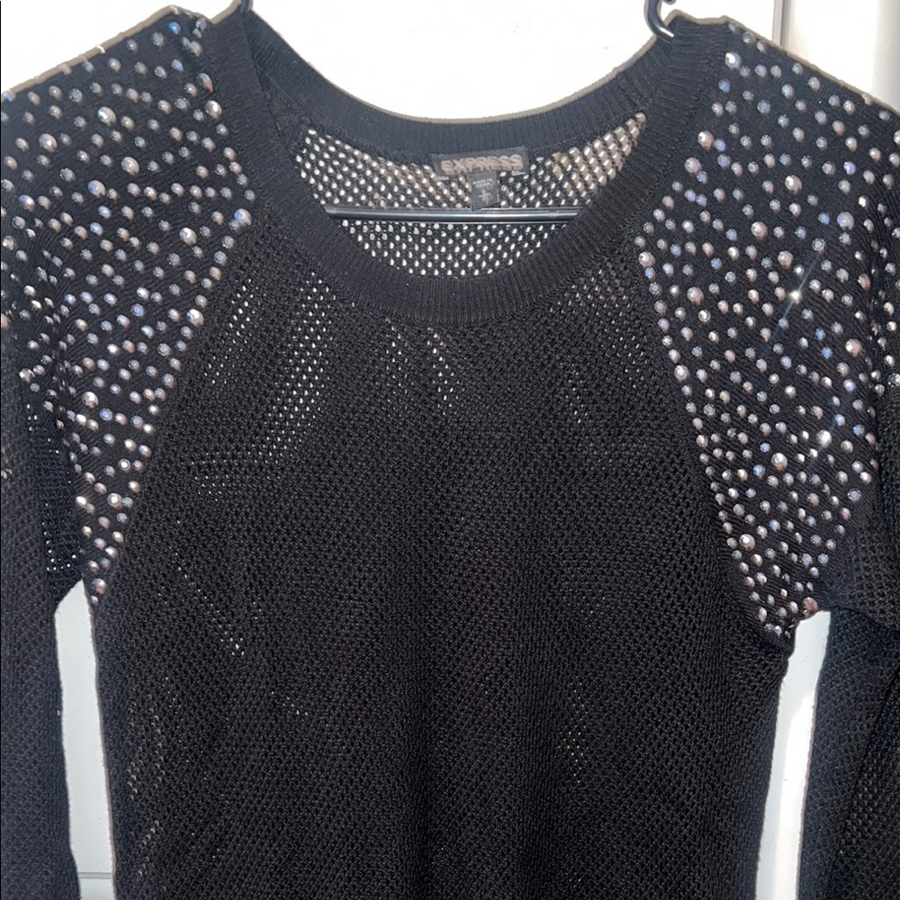 Express Black Fitted Blouse with 3/4 Sleeves and Embellished Shoulders - Picture 5 of 5